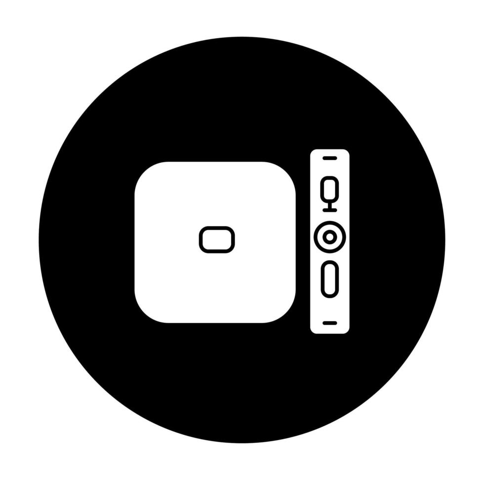 glyph-pictogram voor digitale mediaspeler. tv, stereo, thuisbioscoopsysteem. amusementsproduct. spelcomputer voor videogames. gadget voor het afspelen van video's. technologie. vector witte silhouet illustratie in zwarte cirkel