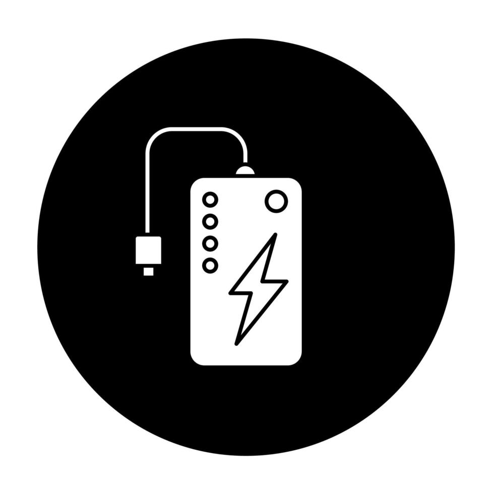 powerbank glyph-pictogram. powerbank. draagbare batterij. energiebron. zak opladen gadget. draagbare usb-oplader. technologie. mobiel apparaat. vector witte silhouet illustratie in zwarte cirkel