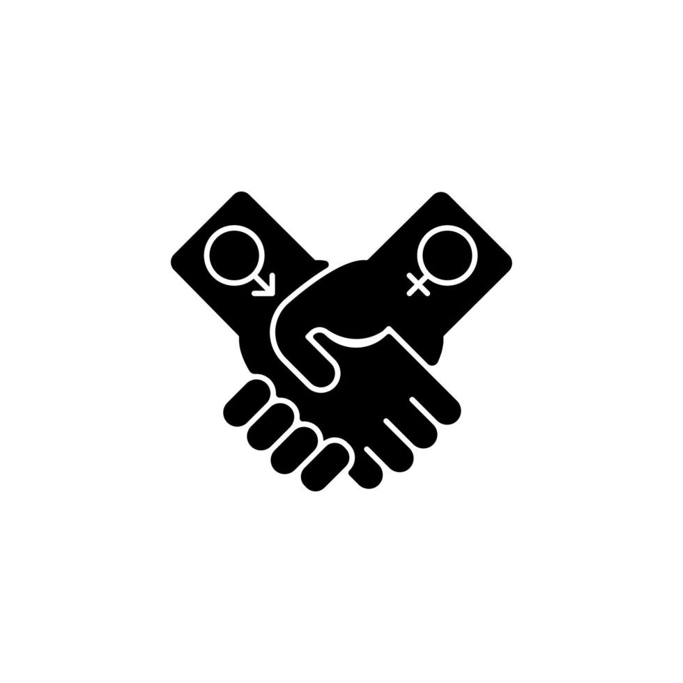 billijke relaties zwart glyph-pictogram. partnerschap tussen vrouwen en mannen. verwezenlijking van gendergelijkheid. non-discriminatie. silhouet symbool op witte ruimte. vector geïsoleerde illustratie