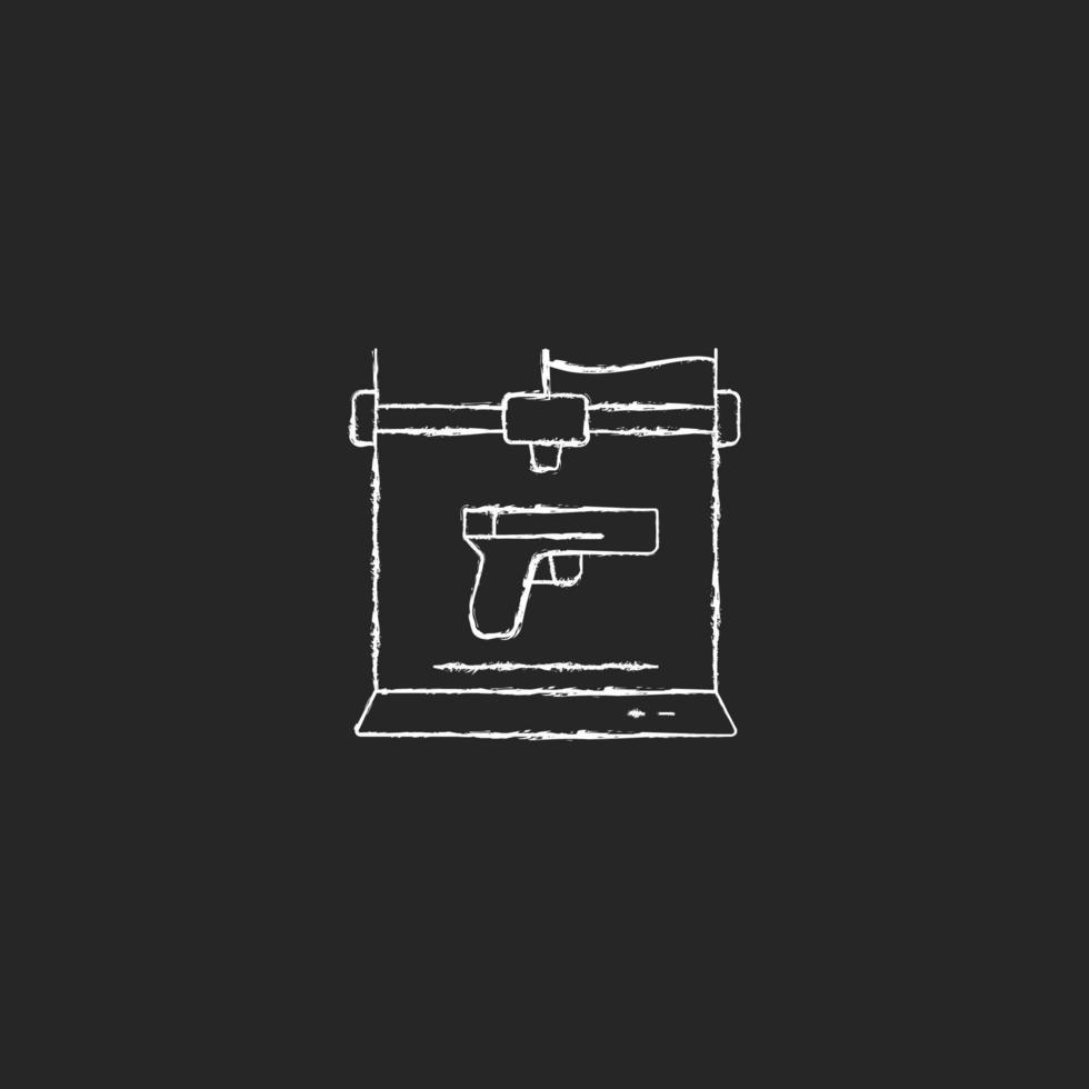 3D-vuurwapens afdrukken krijt wit pictogram op donkere achtergrond. 3D-pistool fabricage. wapen fabricage. militaire toepassing. additieve fabricage. geïsoleerde vector schoolbord illustratie op zwart