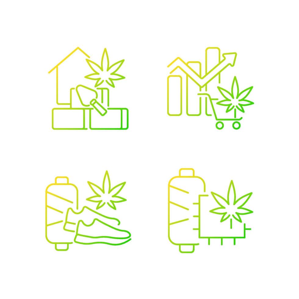 cannabisproducten gradiënt lineaire vector iconen set. hennep bouwmateriaal. wereldwijde legale marihuanamarkt. dunne lijn contour symbolen bundel. geïsoleerde overzicht illustraties collectie