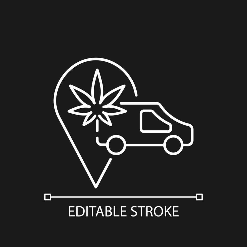 cannabis transport wit lineair pictogram voor donker thema. distributie van marihuana. goederen verzenden. dunne lijn aanpasbare illustratie. geïsoleerd vectorcontoursymbool voor nachtmodus. bewerkbare streek vector