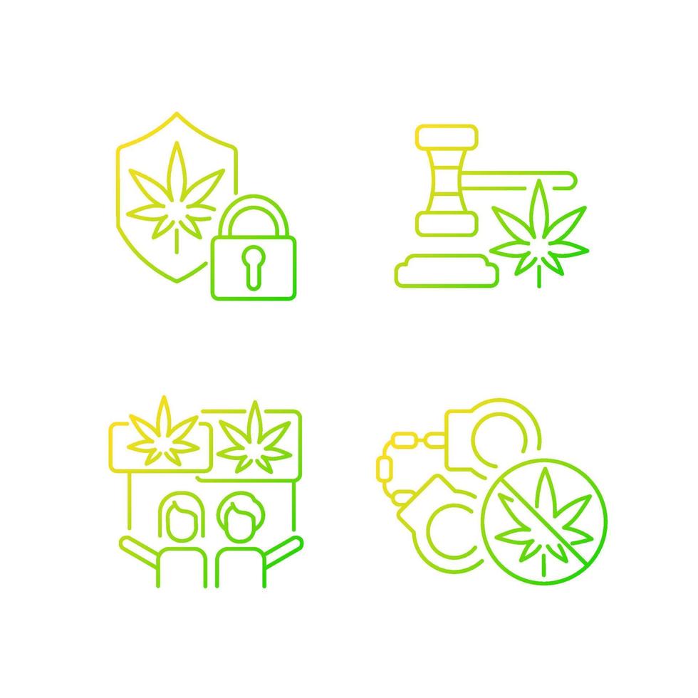 wettigheid van cannabis gradiënt lineaire vector iconen set. bescherming van marihuana-apotheken. legaal drugsgebruik. overtreding van de wet. dunne lijn contour symbolen bundel. geïsoleerde overzicht illustraties collectie