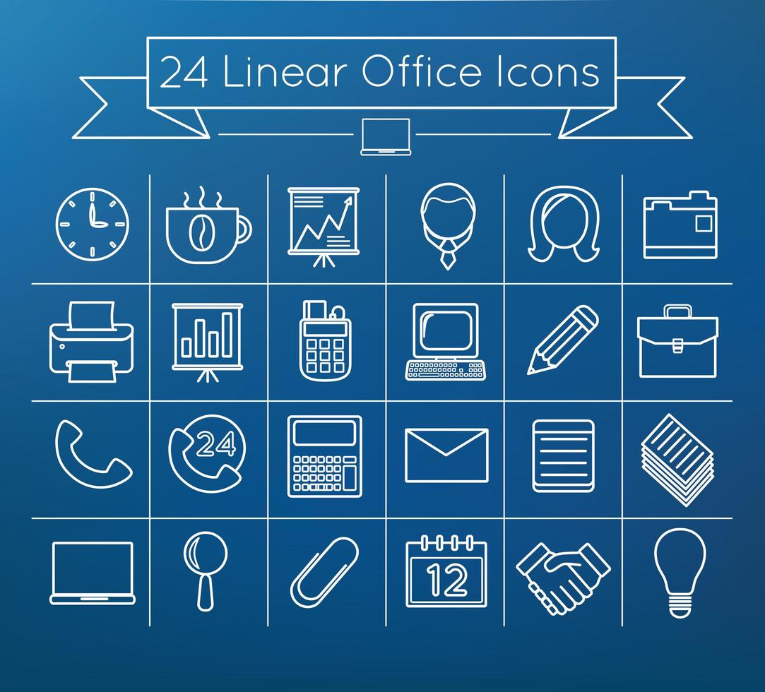 24 eenvoudige lineaire office vector icon set pack