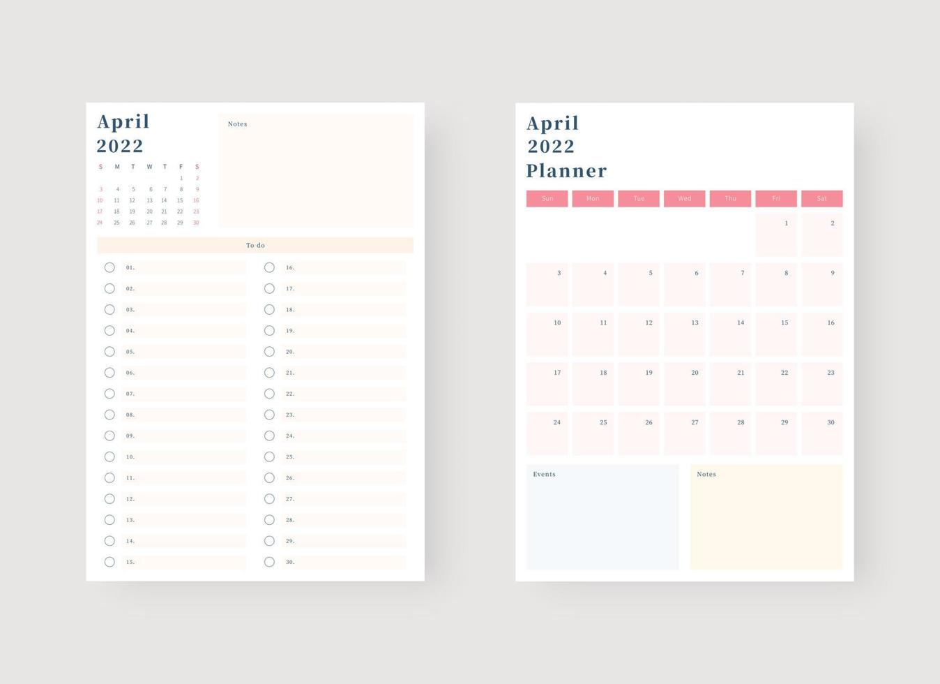 april 2022 planner sjabloon set. set van planner en takenlijst. maandelijkse, wekelijkse, dagelijkse plannersjabloon. vectorillustratie. vector