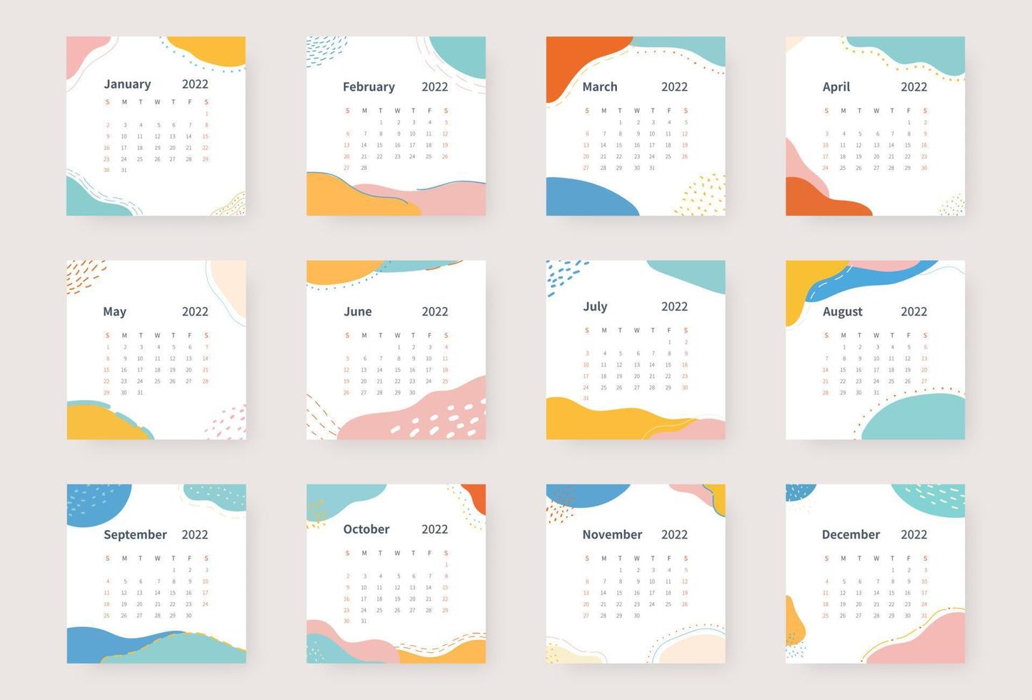 kalender 2022 sjabloon. 2022 kalender planner sjabloon set. week begint op zondag. vectorillustratie. vector