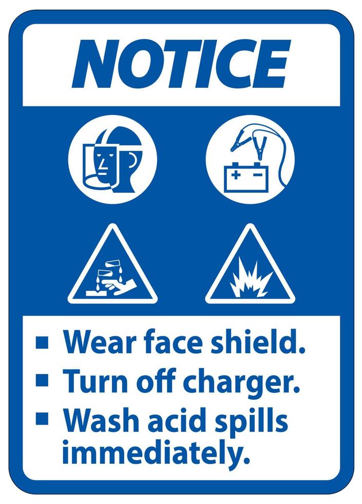 waarschuwingsbord gelaatsscherm dragen, oplader uitschakelen, gemorst zuur onmiddellijk wassen vector