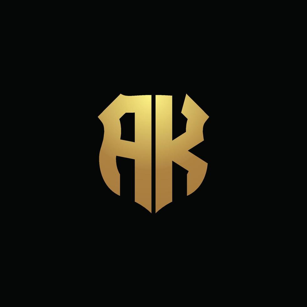 ak logo monogram met gouden kleuren en schildvorm ontwerpsjabloon vector