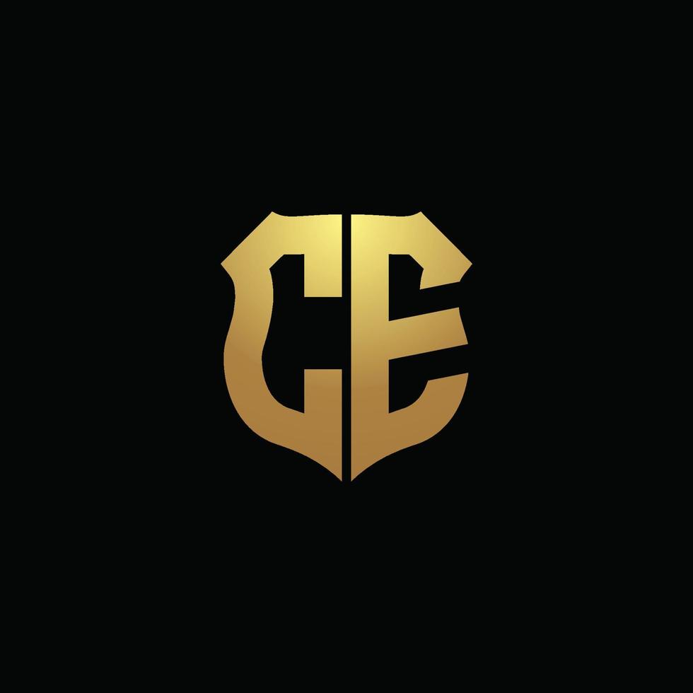 ce logo monogram met gouden kleuren en schildvorm ontwerpsjabloon vector