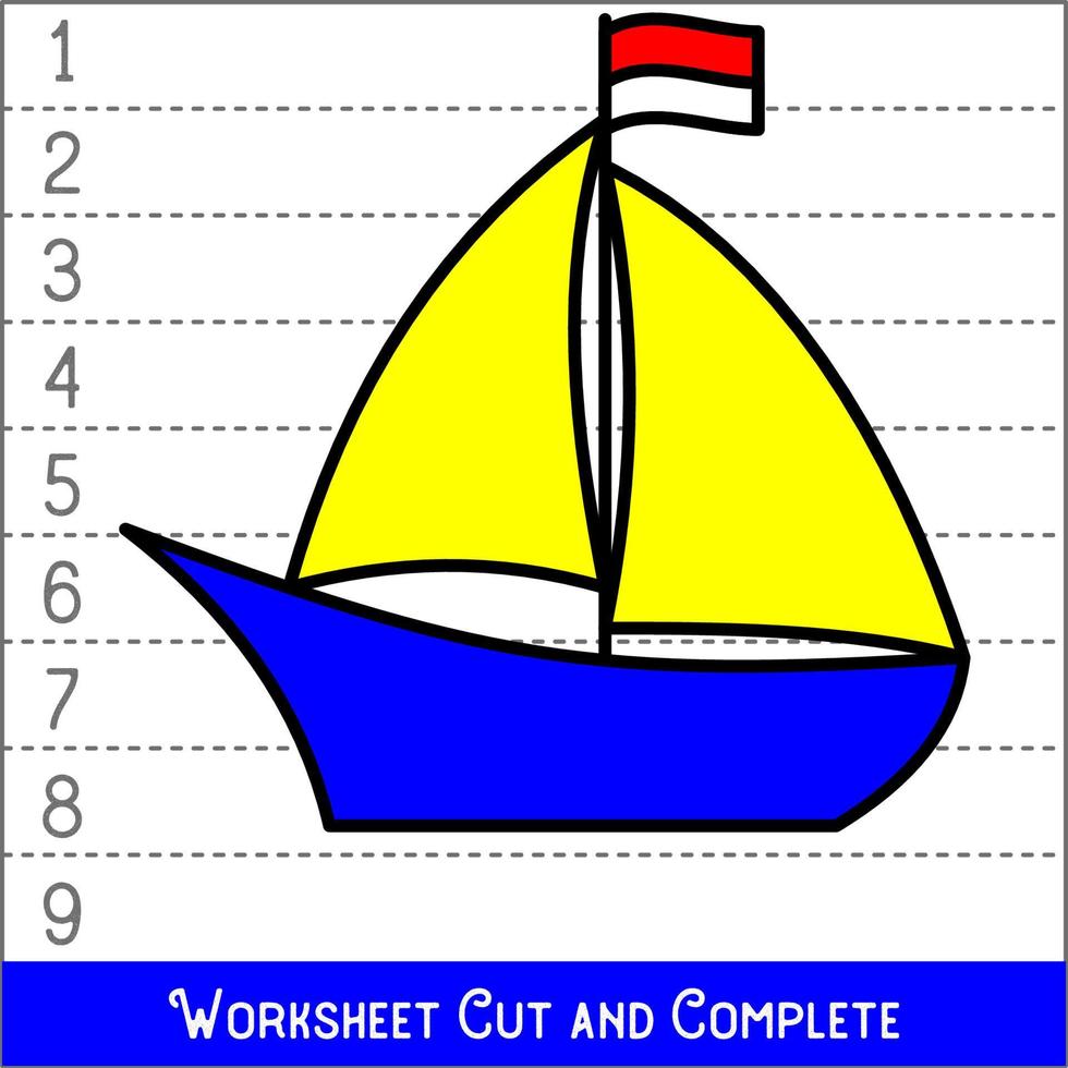 werkblad. spel voor kinderen, kinderen. wiskundige puzzels. knippen en voltooien. wiskunde leren. boot. vector