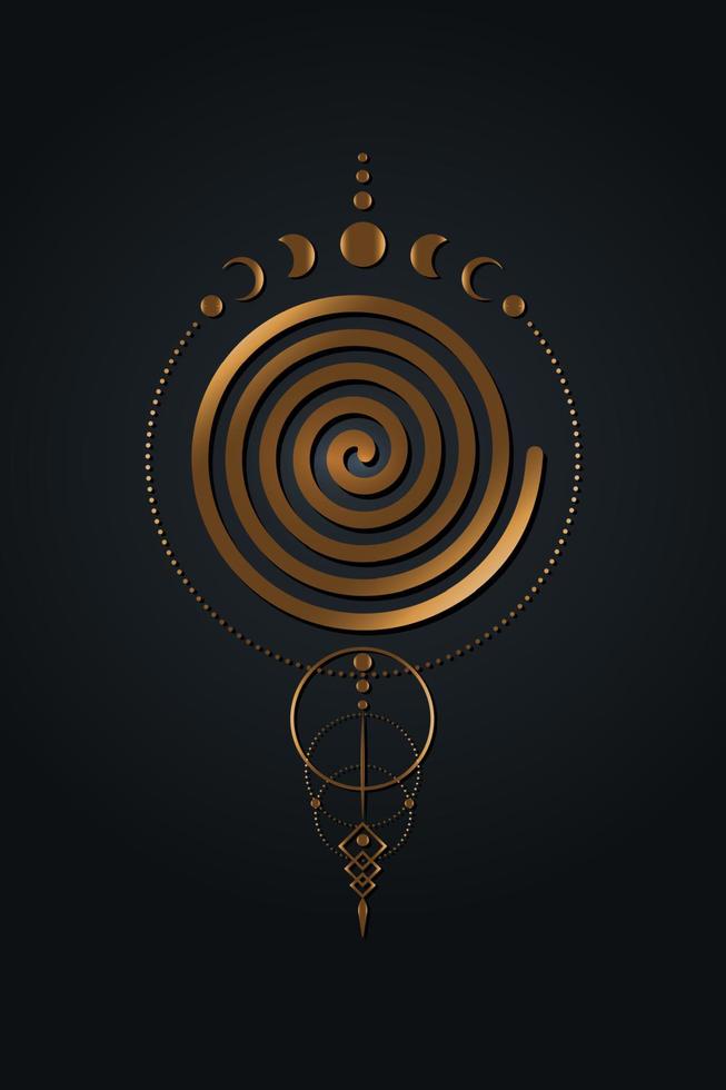 mystieke spiraal- en maanstanden, heilige geometrie. gouden logo goddelijke vrouwelijke heidense Wicca godin symbool. oude gouden wicca banner teken, energie cirkels, boho stijl vector geïsoleerd op zwarte achtergrond