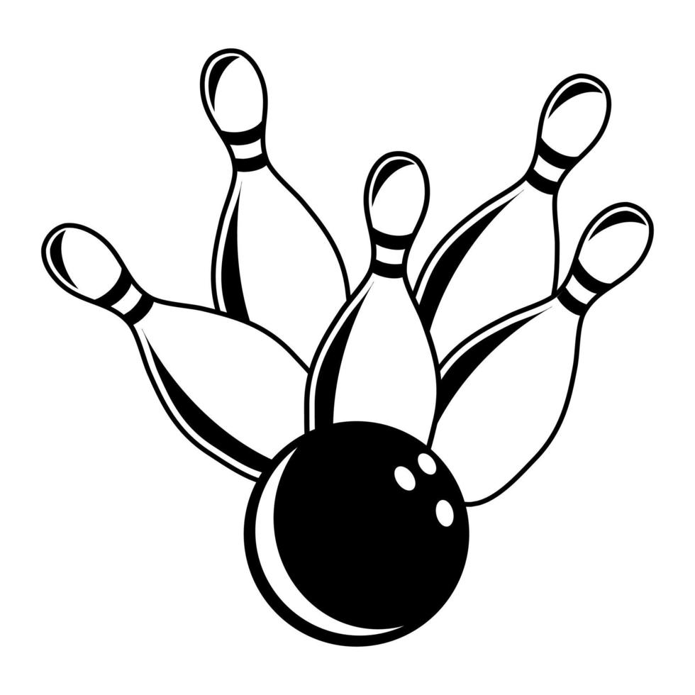 zwart-wit tien pins bowlingbaan bal en pinnen vector