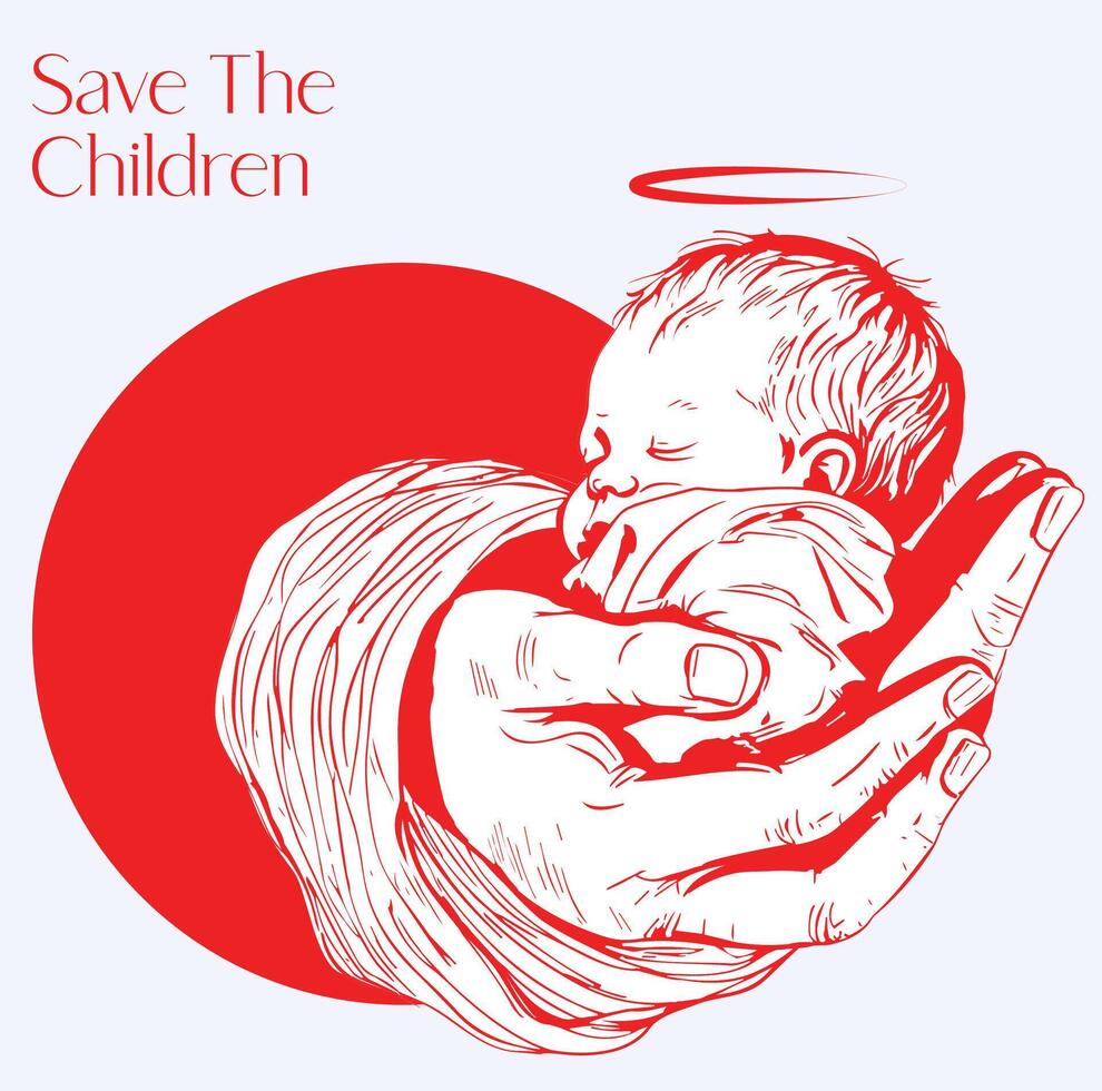 een rood en wit poster met een baby Holding een baby en een hart met de woorden opslaan de kinderen. vector