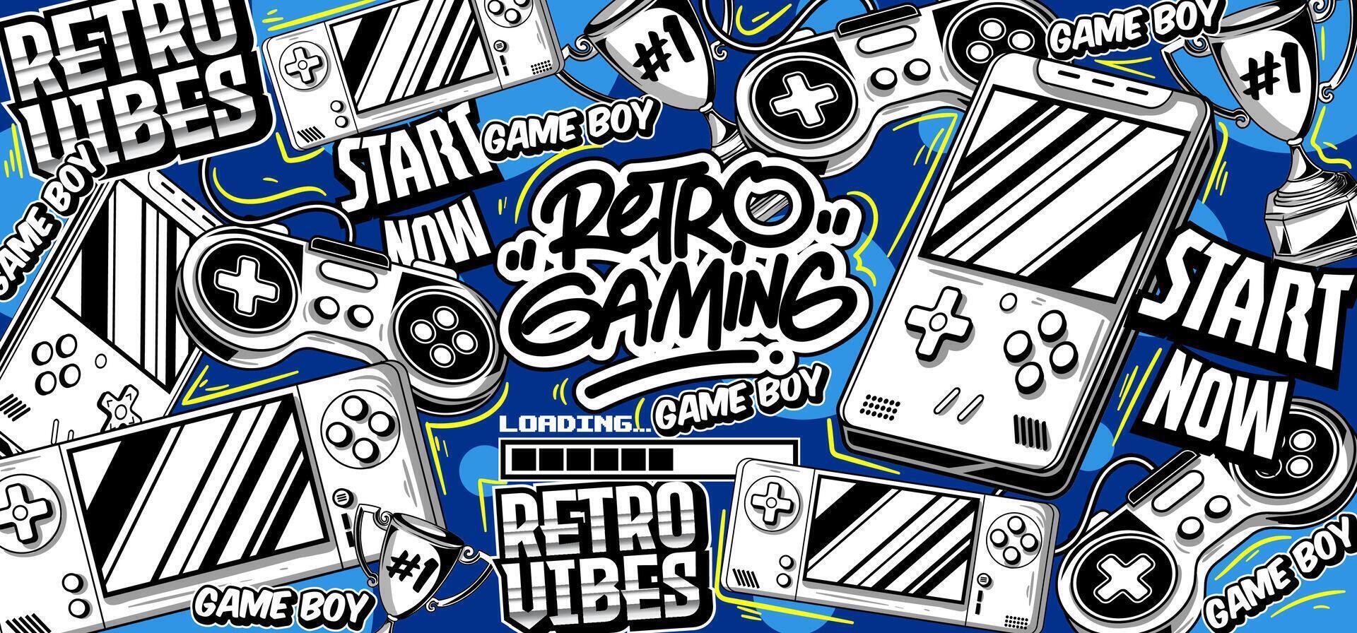 gaming achtergrond en illustraties. retro spel elementen in graffiti stijl vector