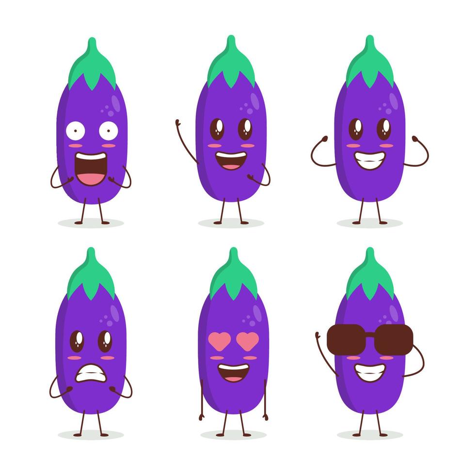 kleurrijke schattige aubergine cartoon set met verschillende expressie vector