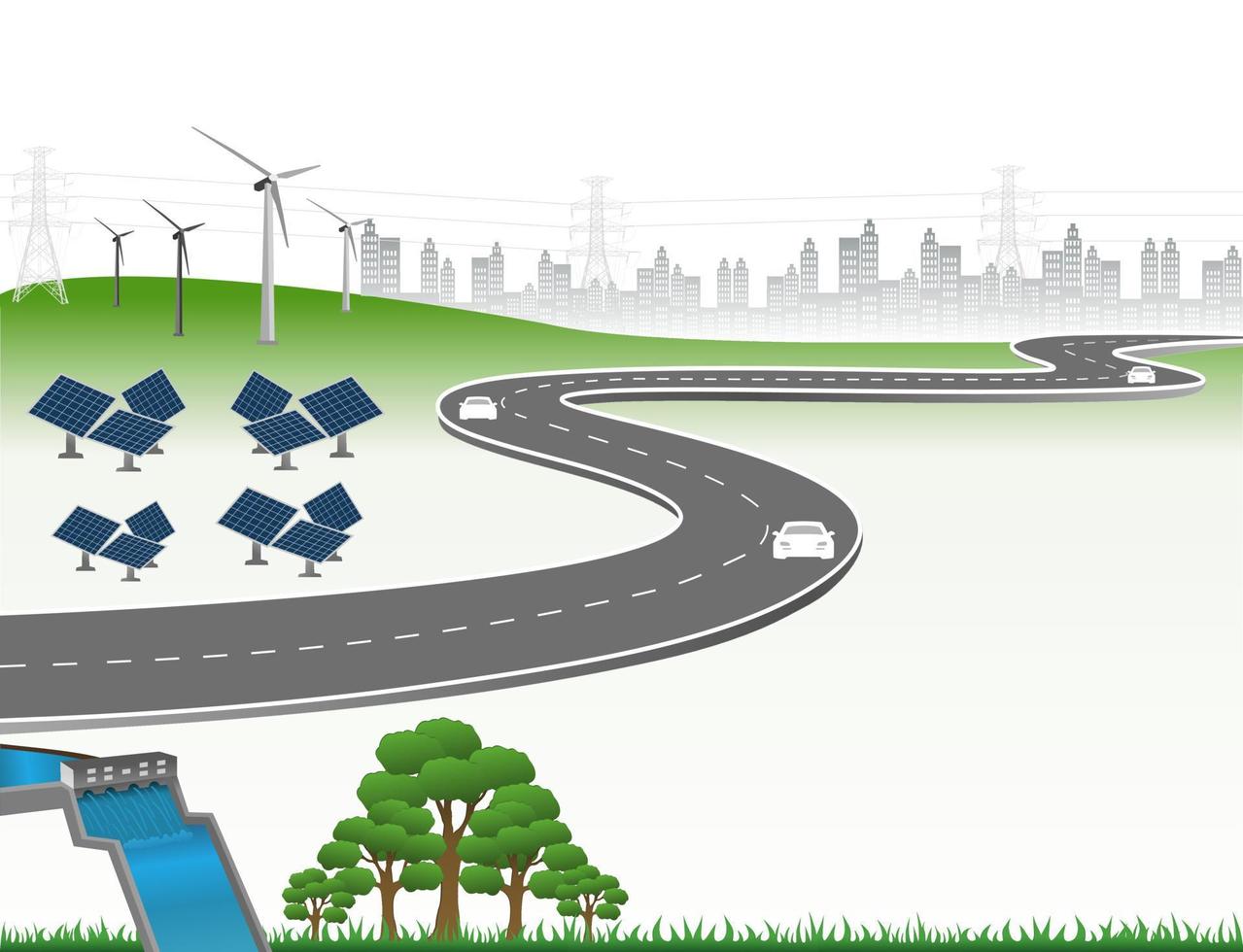 stroomopwekkingssysteem hernieuwbare schone energie uit de natuur, zoals wind-, zonne-, water-energie, kan worden gebruikt om elektriciteit te produceren.vector sjabloon infographic tijdlijn van bedrijfsactiviteiten met vlaggen vector