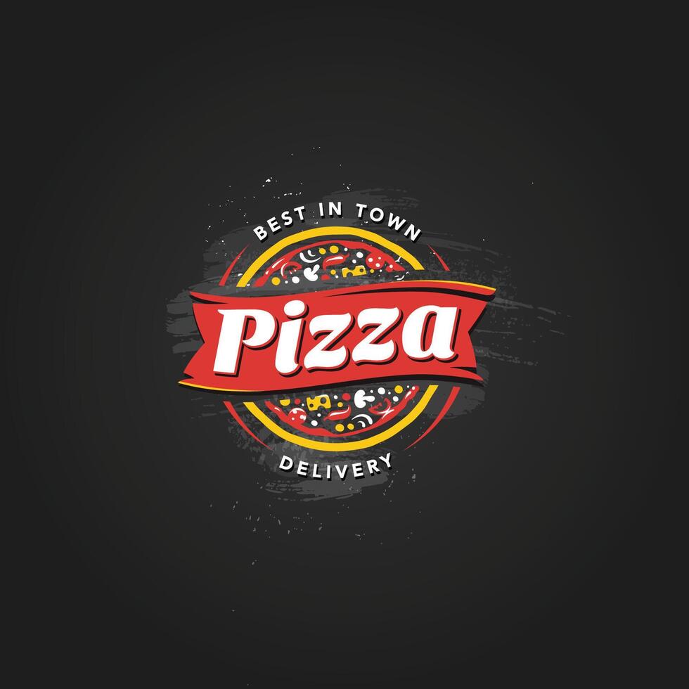 pizzeria embleem Aan schoolbord. pizza logo sjabloon. embleem voor cafe, restaurant of voedsel levering onderhoud. vector