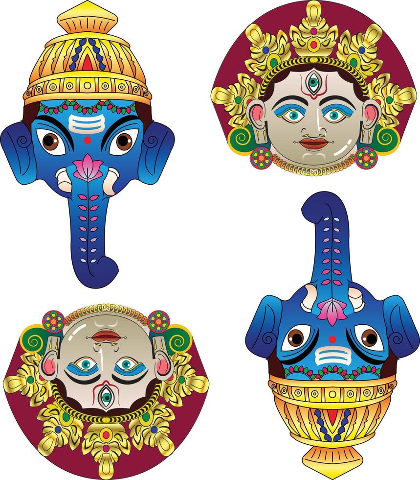 Indiase god godinnen, masker van papier-maché. het kan worden gebruikt voor een kleurboek, afdrukken van textiel, telefoonhoesje, wenskaart. embleem, kalender. in kalamkari madhubani-stijl vector