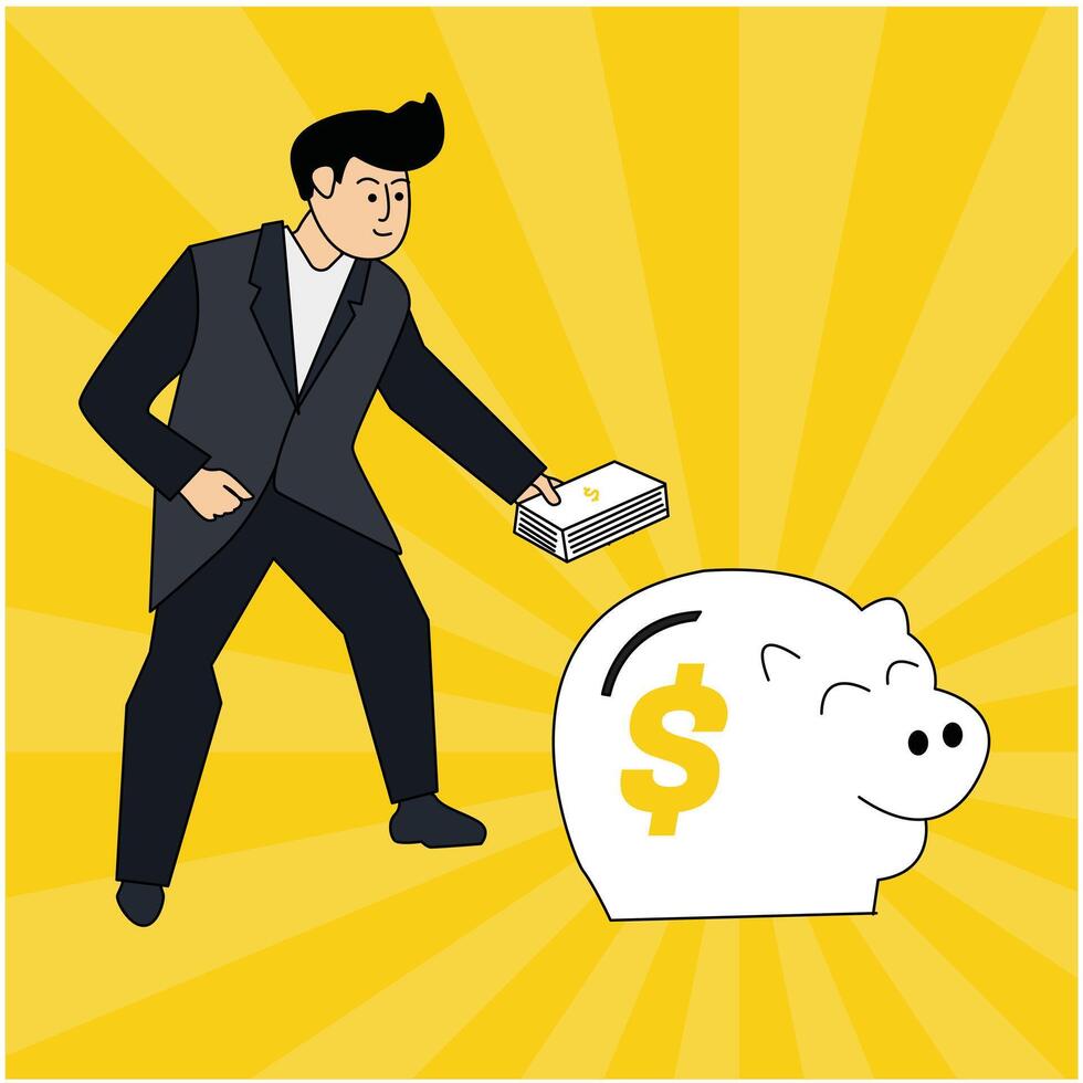 illustratie van een zakenman besparing geld in een varkentje bank vector