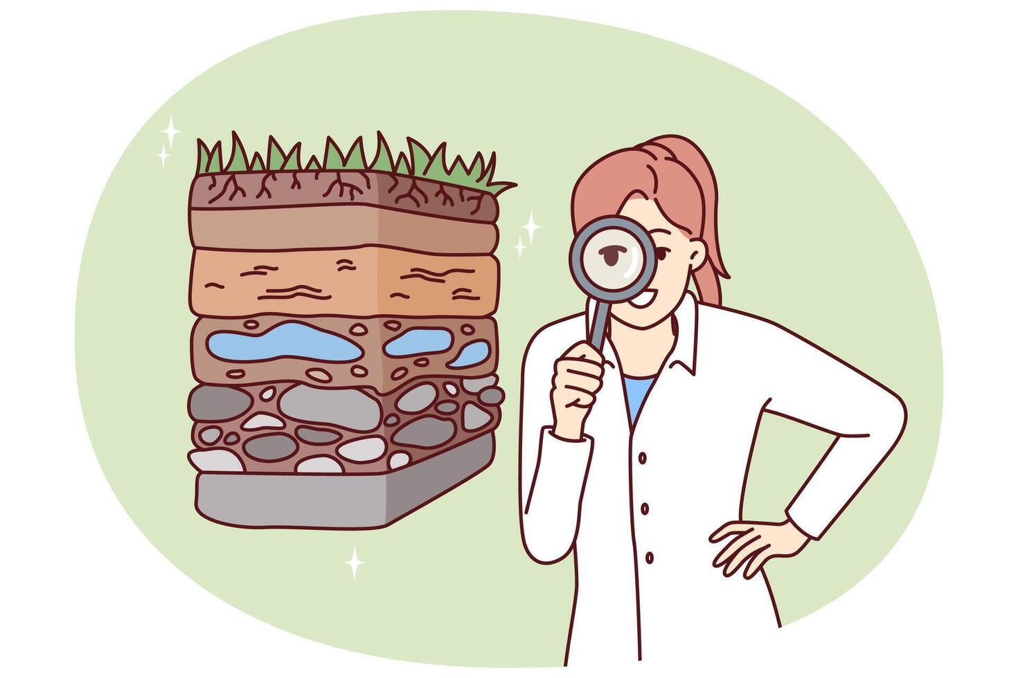 meisje ecoloog met vergroten glas voert examen van bodem verontreiniging vector