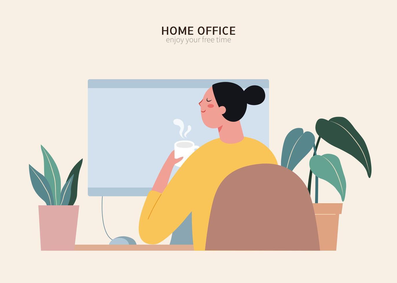 achterzijde visie van Aziatisch vrouw zittend Bij bureau en hebben een kop van koffie Bij huis kantoor. concept van freelance of werk van huis. vector