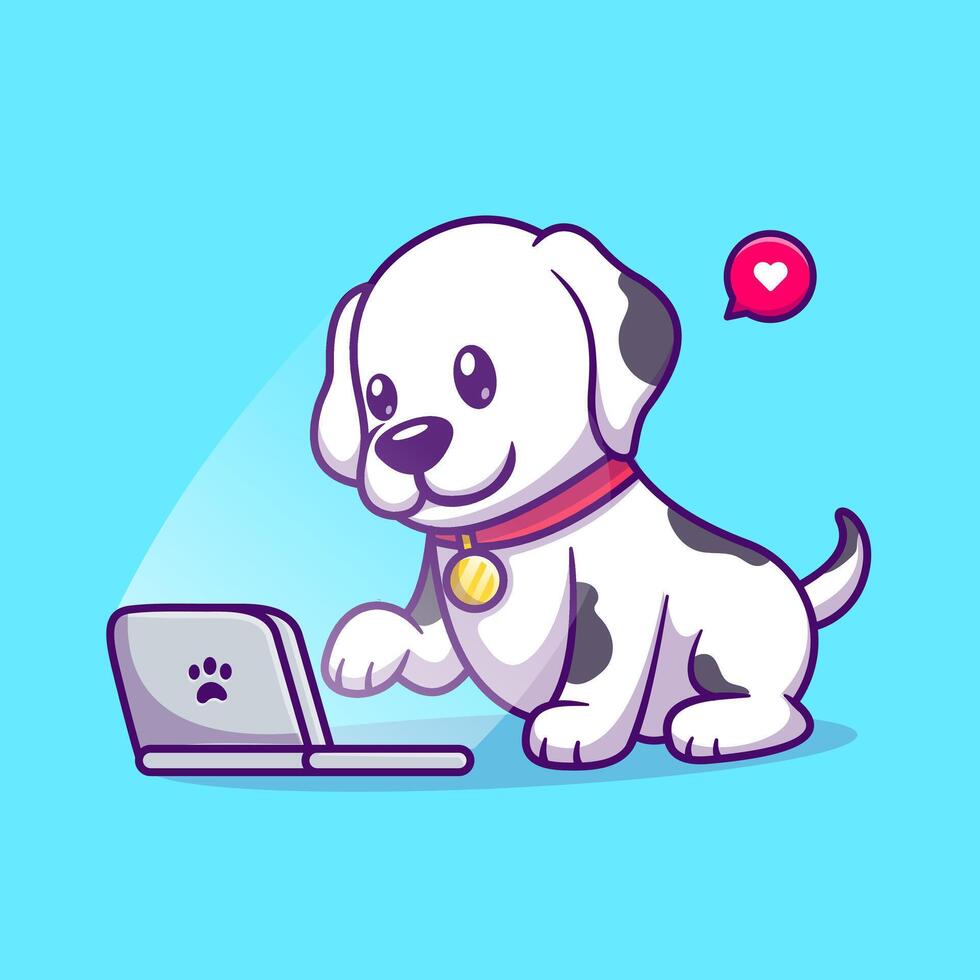 schattig dalmatiër hond spelen laptop tekenfilm vector