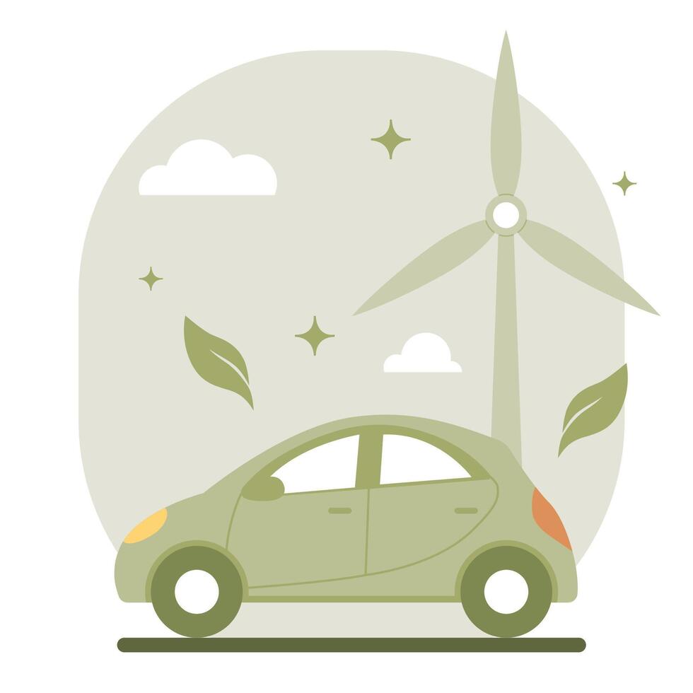 illustratie met groen elektrisch auto. energie van windmolens. opslaan de aarde. groen milieu concept vector