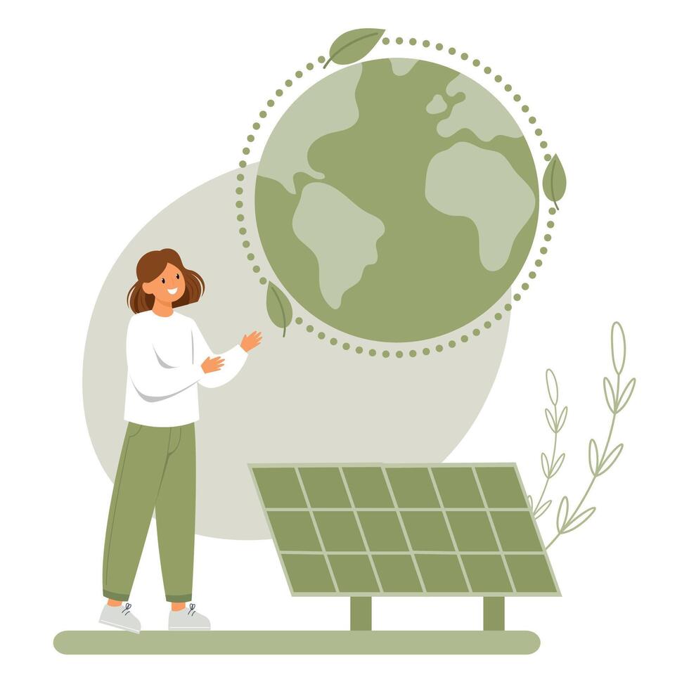 opslaan de planeet concept. vrouw gebruik zonne- panelen. opslaan energie. eco vriendelijk, groen energie vector