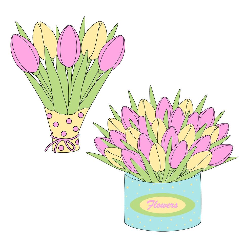 2 tulpen boeketten in omhulsel papier en doos met roze en geel bloemen. groeten ontwerp concept vector