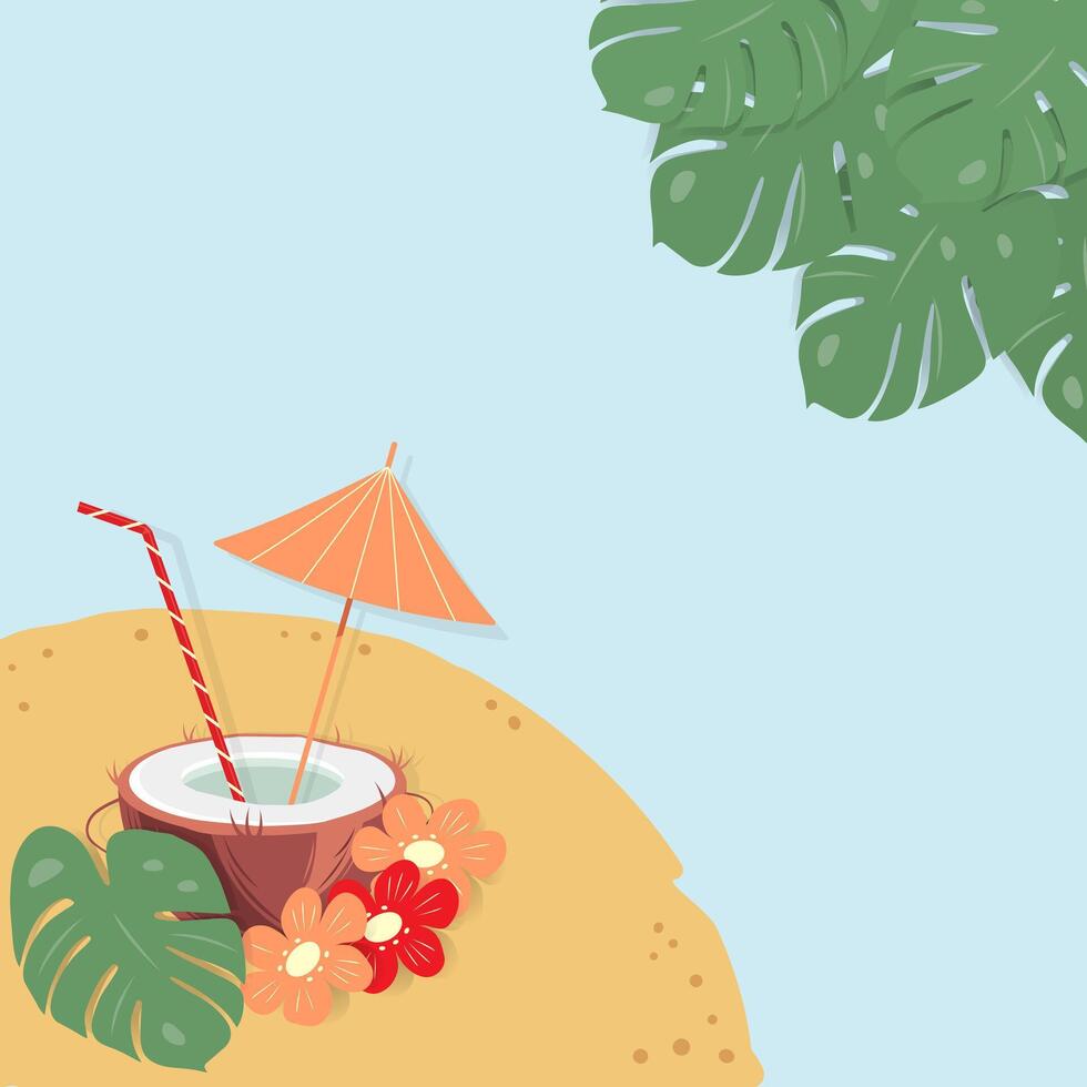 zomer ontwerp concept met cocktail in voor de helft kokosnoot met rietje, parasol en bloemen Aan zanderig strand vector