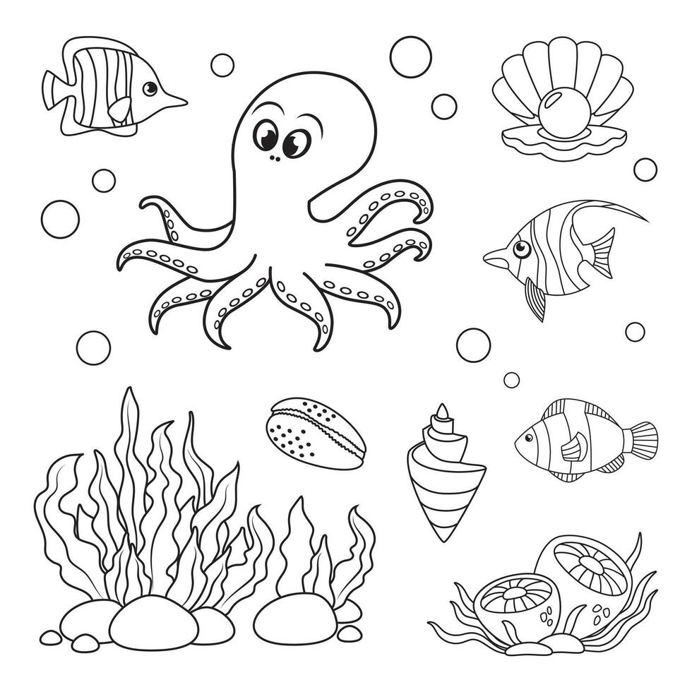 marinier set, vis, Octopus, kwal en schelpen in gemakkelijk lineair stijl. zwart en wit grafiek voor boeken en posters vector