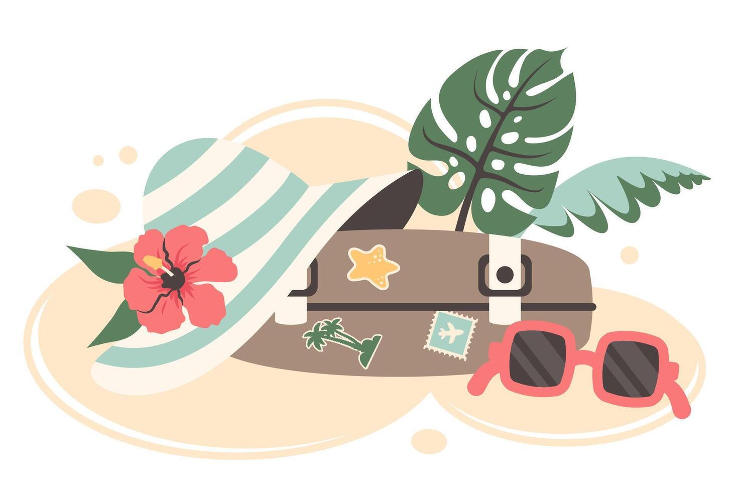 zomer achtergrond met koffer, zonnehoed, zonnebril. zomer reis concept. op reis vakantie met toerisme artikelen. reizen zak met stickers, palm bladeren, zand. vlak illustratie vector