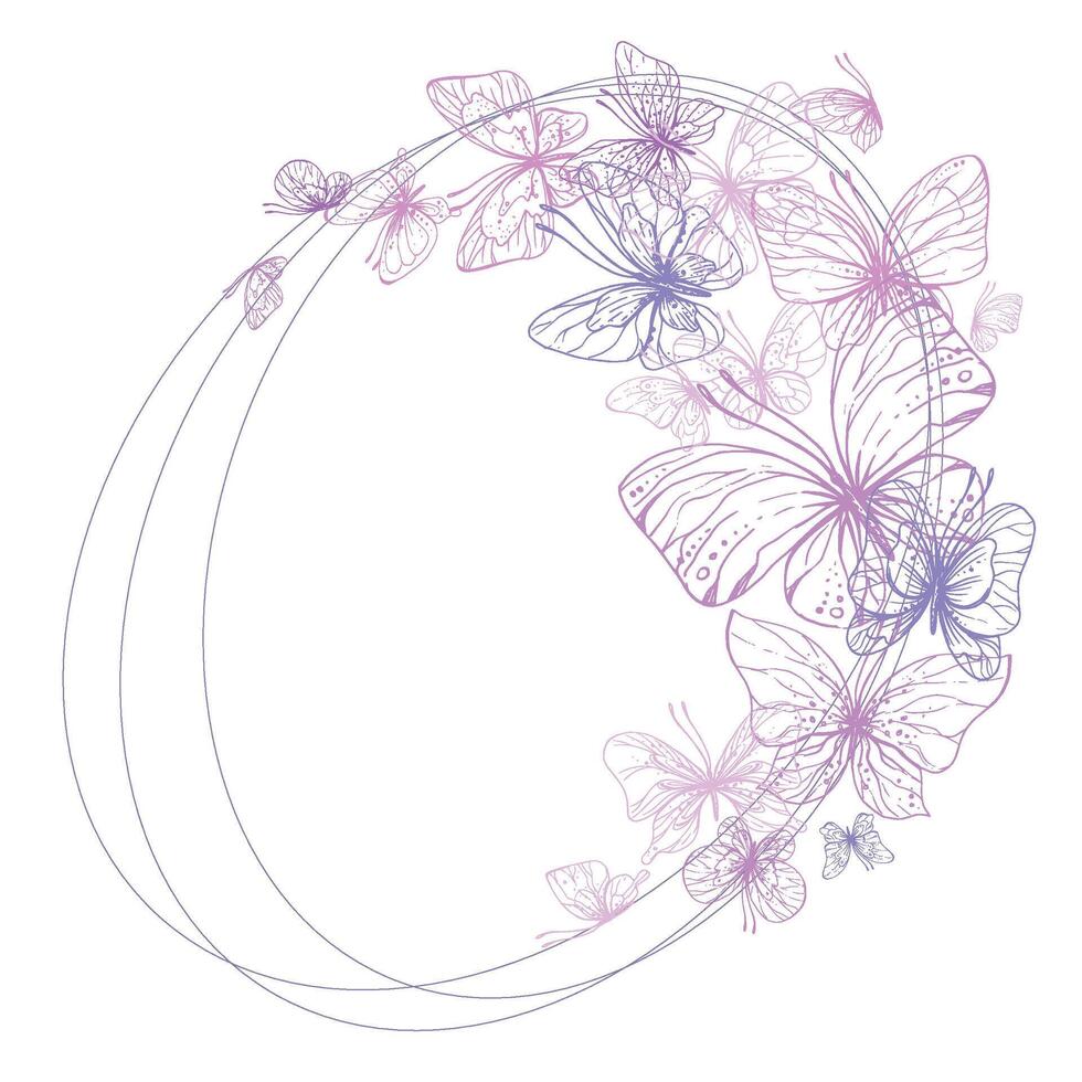 vlinders zijn roze, blauw, lila, vliegen, delicaat lijn kunst. grafisch illustratie hand- getrokken in roze, lila inkt. ovaal kader, sjabloon eps . vector