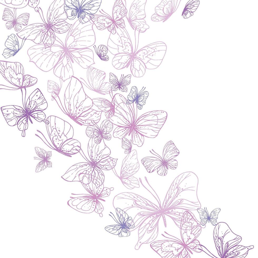 vlinders zijn roze, blauw, lila, vliegen, delicaat lijn kunst. grafisch illustratie hand- getrokken in roze, lila inkt. samenstelling stroom, sjabloon eps . vector