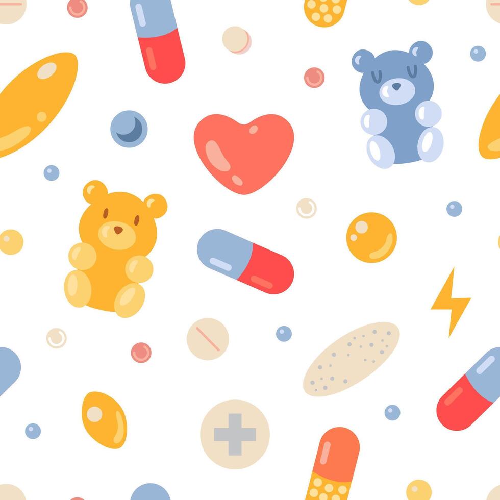 naadloos patroon met schattig medisch pillen en capsules Aan wit achtergrond. behandeling en Gezondheid zorg. geneesmiddelen, tabletten, kleverig beer, pijnstillers en vitamines. tekenfilm vlak illustratie vector