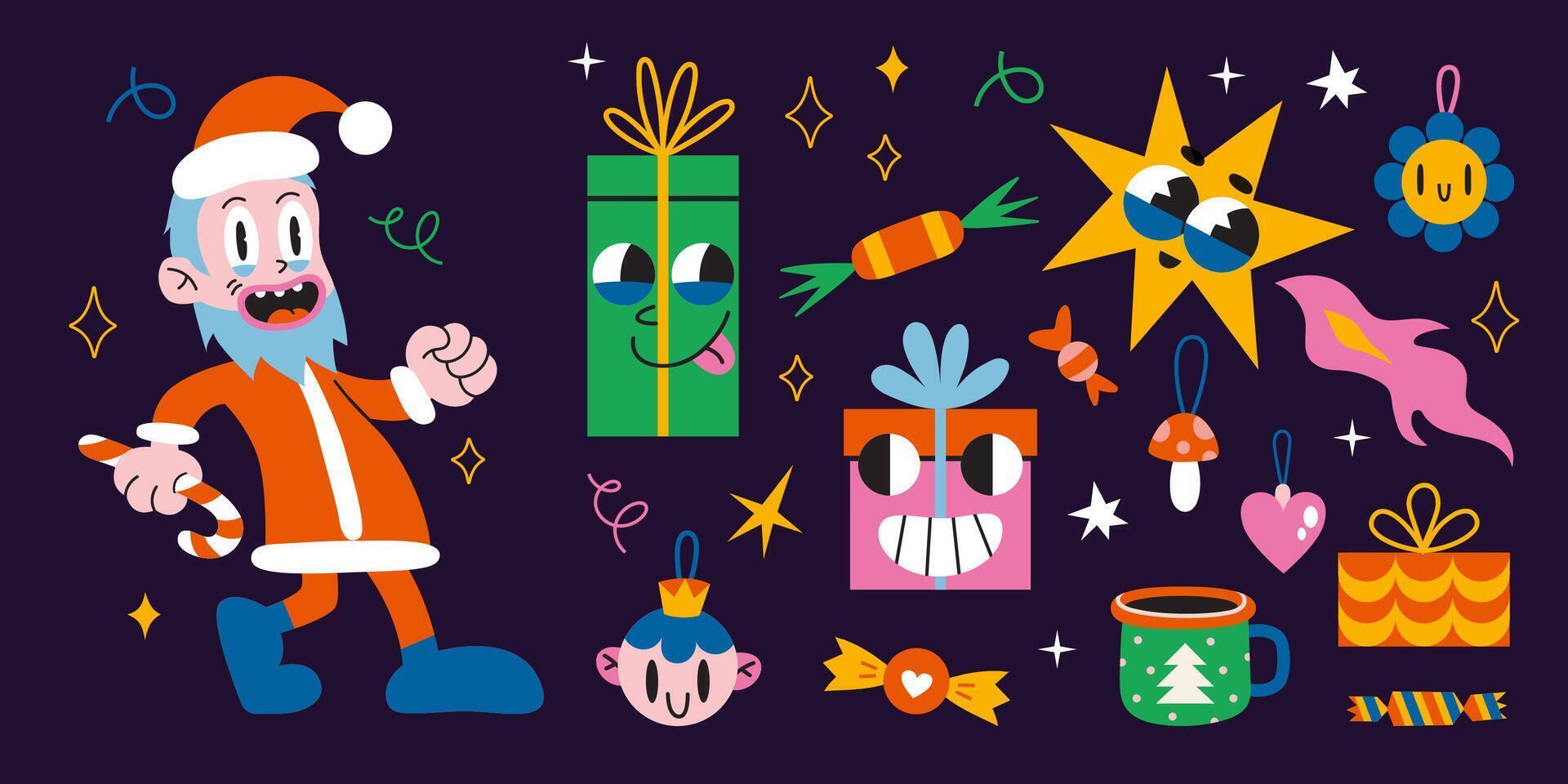 reeks met Kerstmis attributen, wijnoogst groovy karakters, de kerstman claus en decoratief elementen, tekenfilm stijl. knus humeur voor winter. modieus modern illustratie, hand- getrokken, vlak ontwerp vector