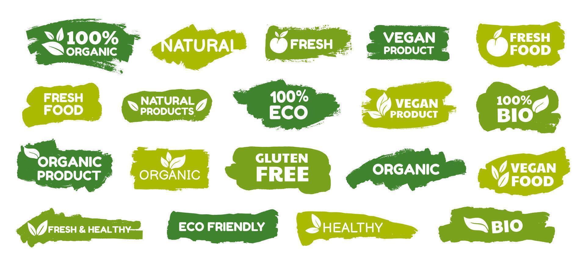 eco voedsel etiketten. biologisch Product stickers voor veganistisch, vegetarisch voedsel. gezond logo insignes. natuur, vers, bio, ecologie eetpatroon. ecologisch verpakking. grunge symbolen pictogrammen. reeks vector