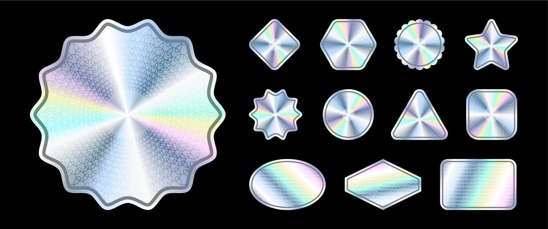 hologram sticker. holografische stickers met guilloche patroon in divers vormen. iriserend glimmend getextureerde etiketten voor Product garantie, kwaliteit. geïsoleerd reeks vector