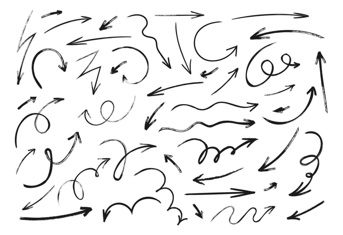 grunge borstel pijlen. verschillend tekening kattebelletje ruw pijl teken. hand- getrokken penseel inkt en potlood richting aanwijzingen. getextureerde krijt lijnen Aan wit achtergrond. reeks vector