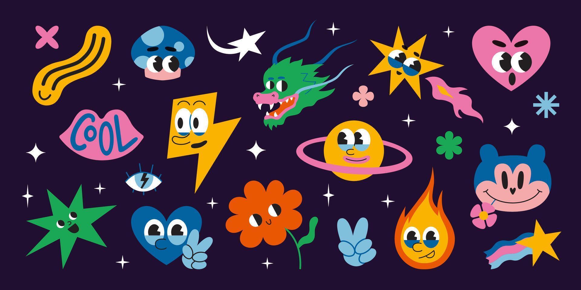 reeks van divers grappig groovy tekens zo net zo hart, bloem en sterren in ruimte, tekenfilm stijl. jaren 70 grappig schattig retro stickers verzameling. modieus modern illustratie, hand- getrokken, vlak ontwerp vector