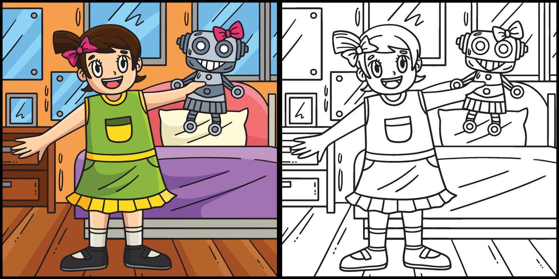 meisje met robot speelgoed- kleur bladzijde illustratie vector