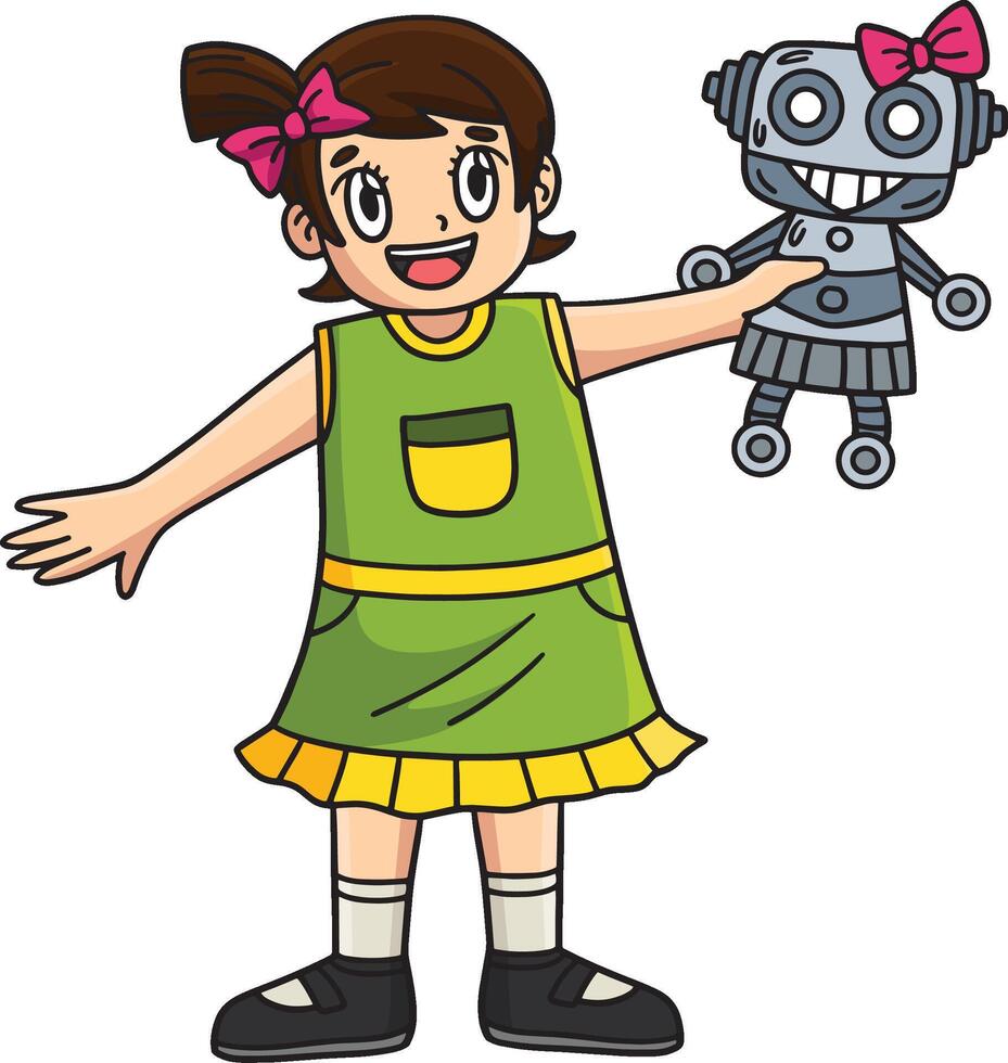 meisje met een robot speelgoed- tekenfilm gekleurde clip art vector