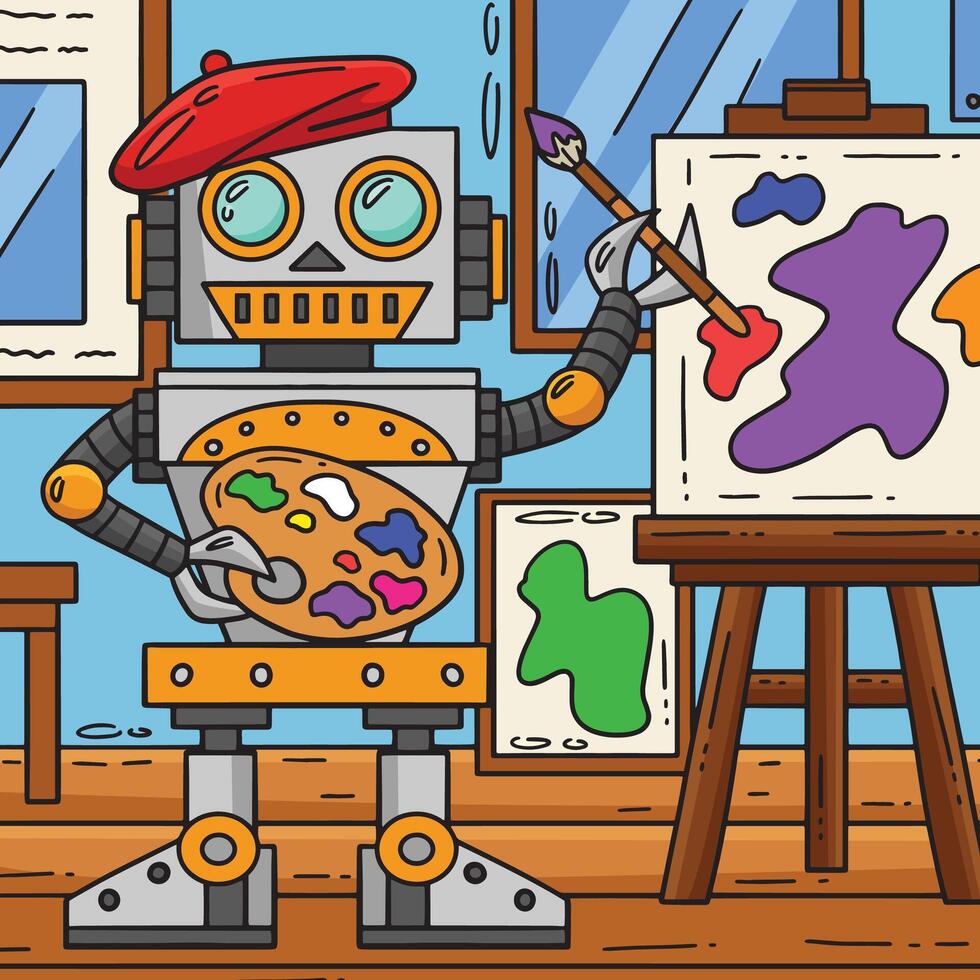 robot schilders gekleurde tekenfilm illustratie vector