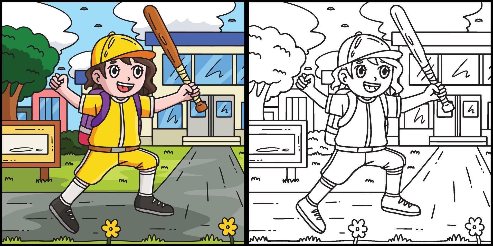 meisje met school- zak en basketbal knuppel illustratie vector