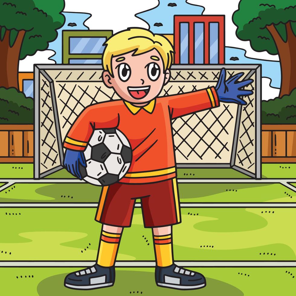 doelman Holding een voetbal bal gekleurde tekenfilm vector
