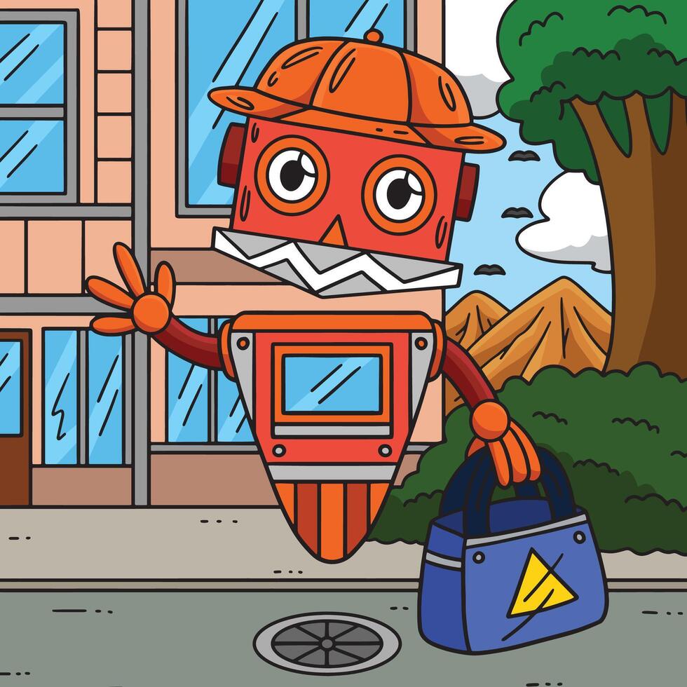 drijvend robot met een zak gekleurde tekenfilm vector