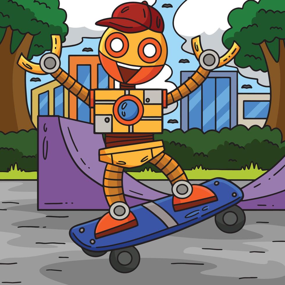 robot skateboarden gekleurde tekenfilm illustratie vector