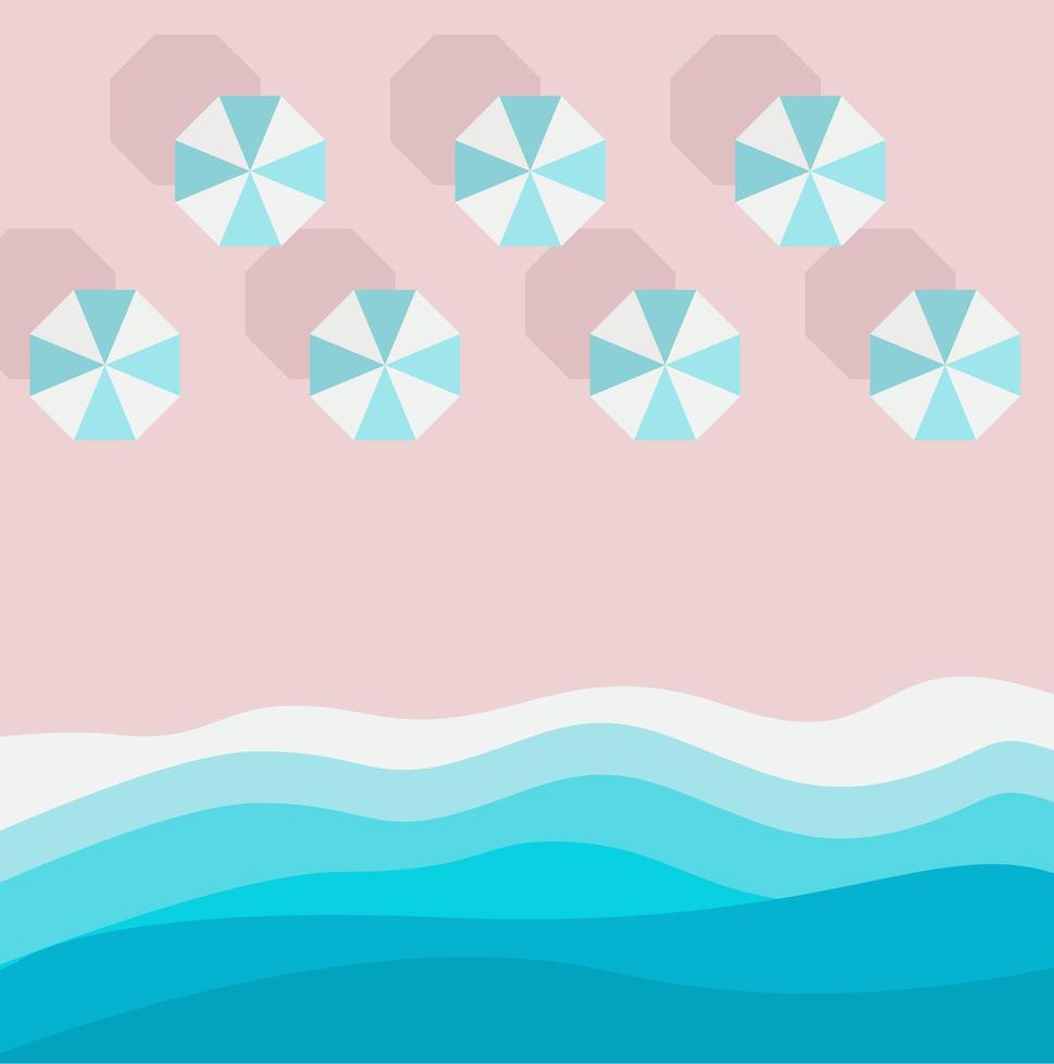 azuurblauw zandstrand, stukje zee of oceaan en parasol, bovenaanzicht. zomervakantie achtergrond ontwerpsjabloon voor webafbeelding, banner, flyer, kaart, brochure, folder. platte vectorillustratie. vector