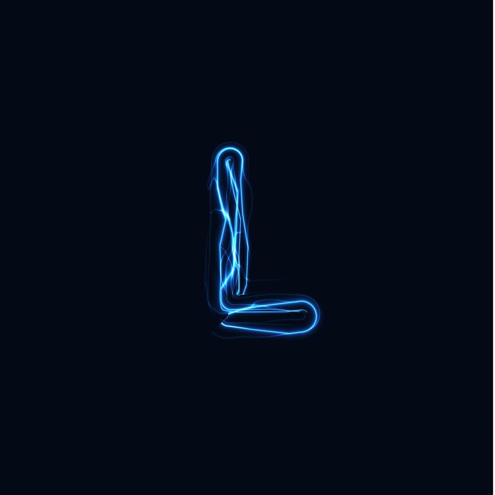 bliksem realistische letter l, helder handschoenen logo, elektrische energie gloed stijl symbool, blauw tesla plasma type teken. bliksemschicht vectorillustratie, typografie design vector