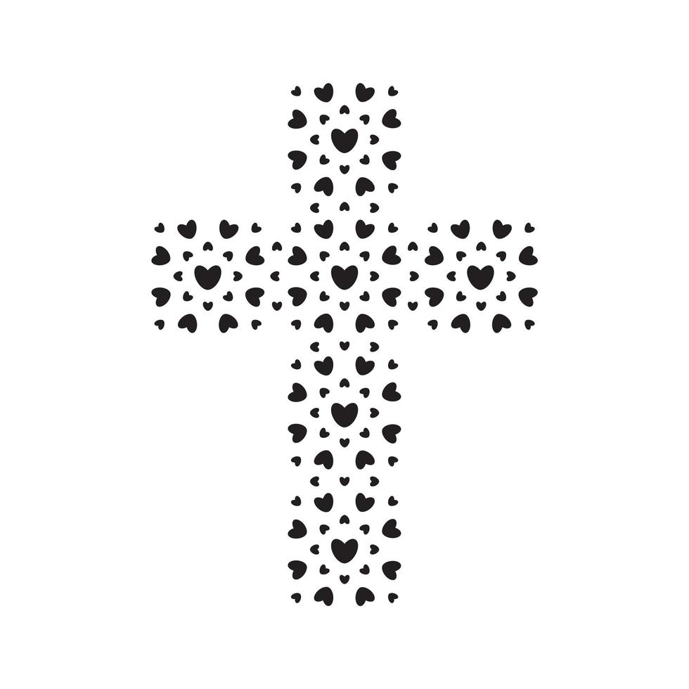 christelijk symbool, zwarte harten kruis icoon. god is liefde teken. kerk logo sjabloon. geïsoleerde vectorillustratie. vector